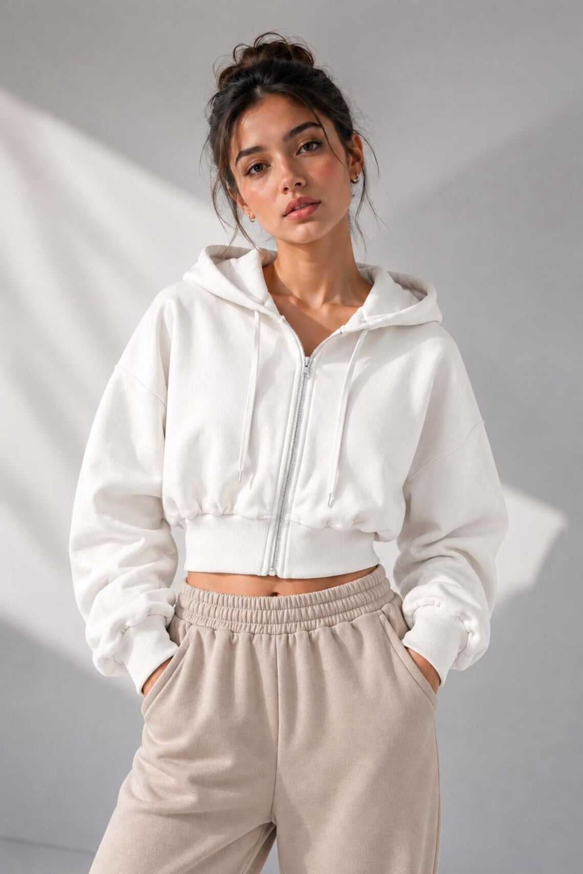 Cropped Zip Hoodie - Cream