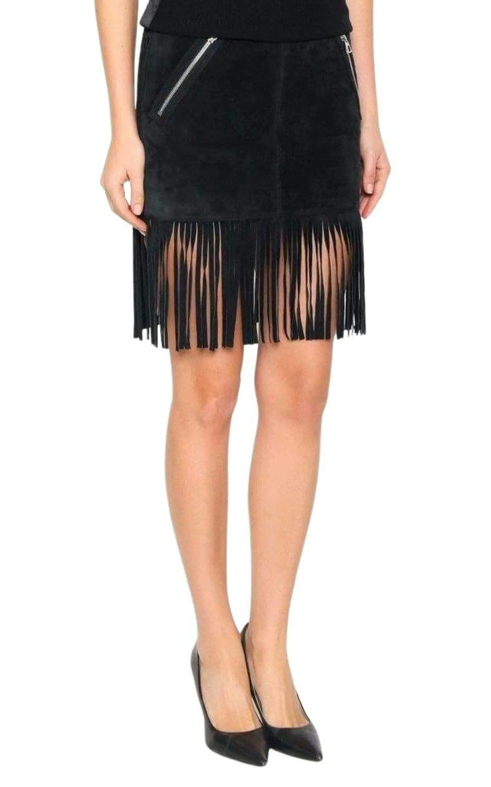 Black Leather Fringe Skirt