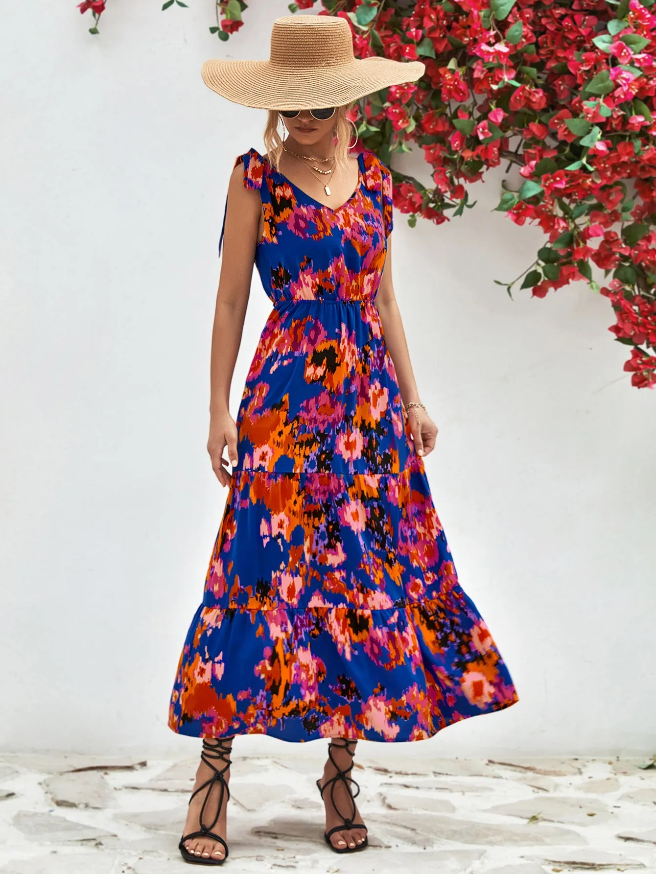 Bohemian Backless Strappy Printed V-Neck Sleeveless Dresses Wholesale Dresses