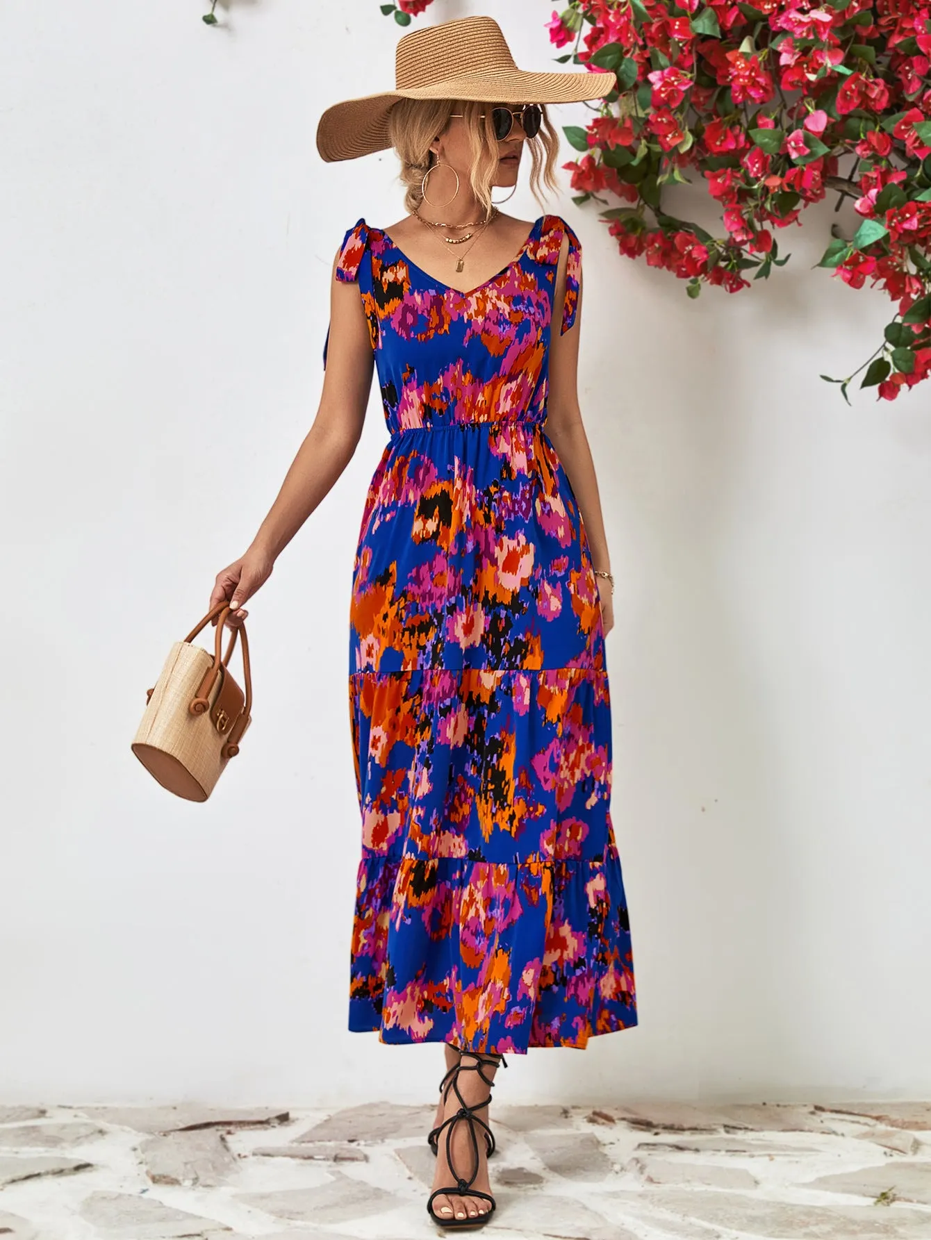 Bohemian Backless Strappy Printed V-Neck Sleeveless Dresses Wholesale Dresses