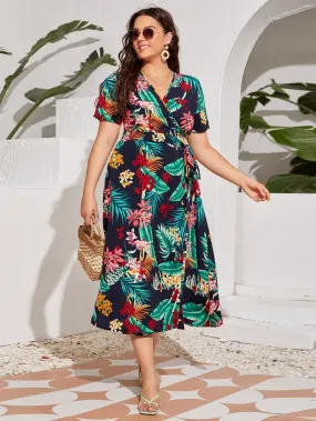 Boho Tropical Wrap Short Sleeve V Neck Wrap High Waist Long Plus Size Dress