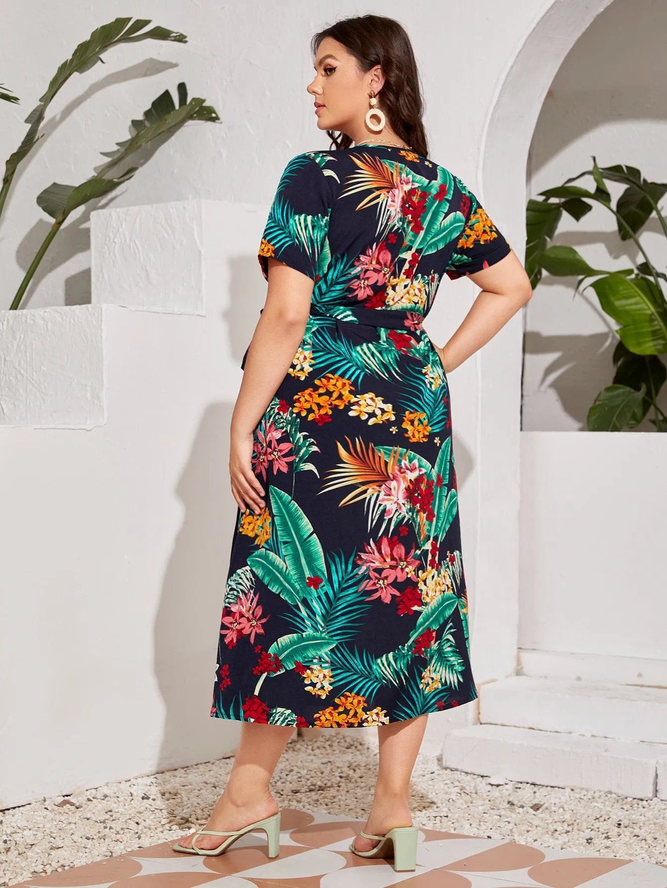 Boho Tropical Wrap Short Sleeve V Neck Wrap High Waist Long Plus Size Dress