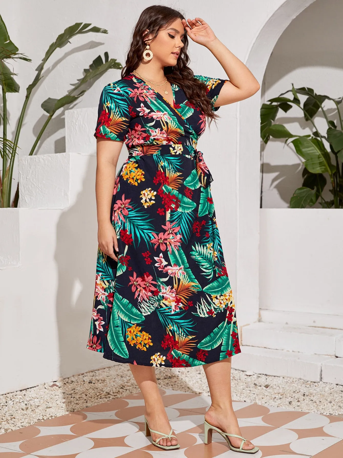 Boho Tropical Wrap Short Sleeve V Neck Wrap High Waist Long Plus Size Dress