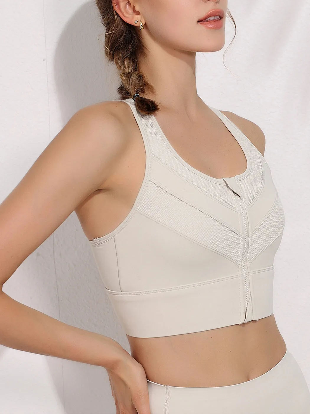 Breathable Fixed Padded Front Zipper Shockproof Sports Bra