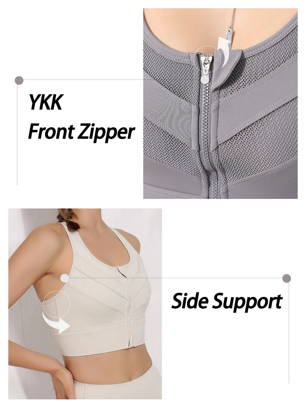 Breathable Fixed Padded Front Zipper Shockproof Sports Bra