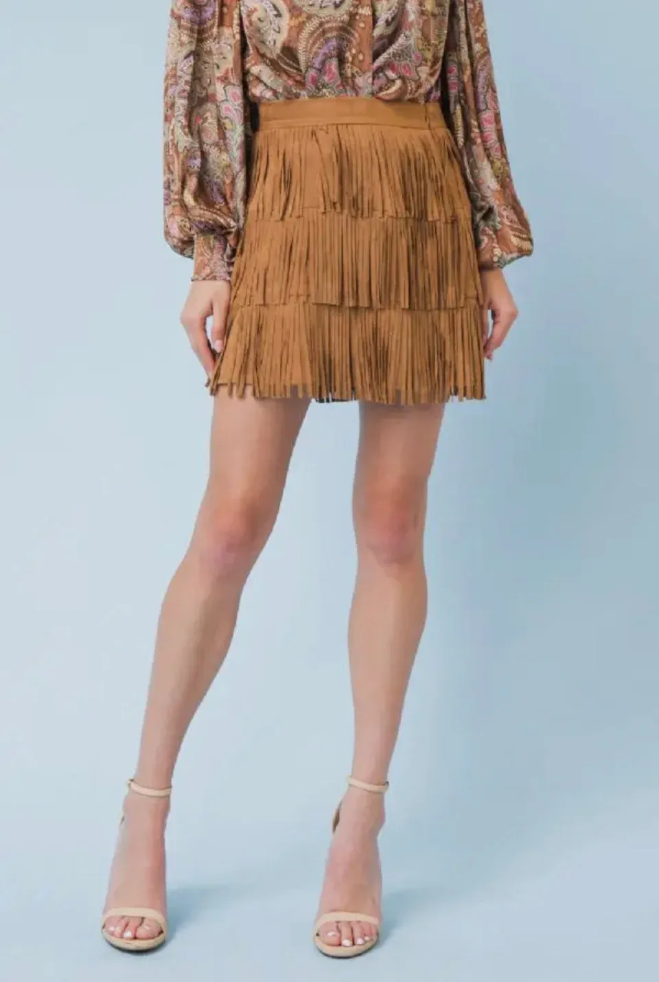 Camel suede fringe skirt