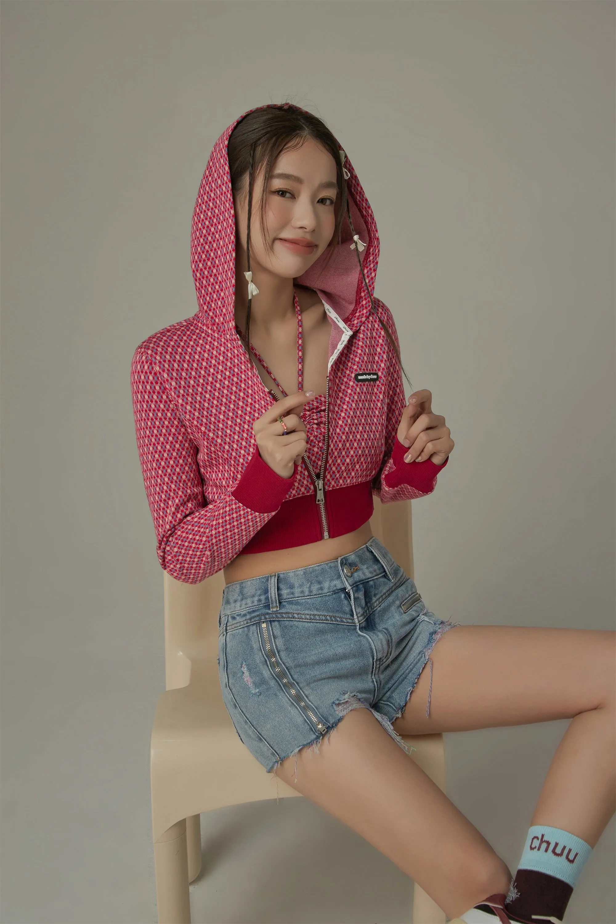 Check Crop Hood Zip-Up