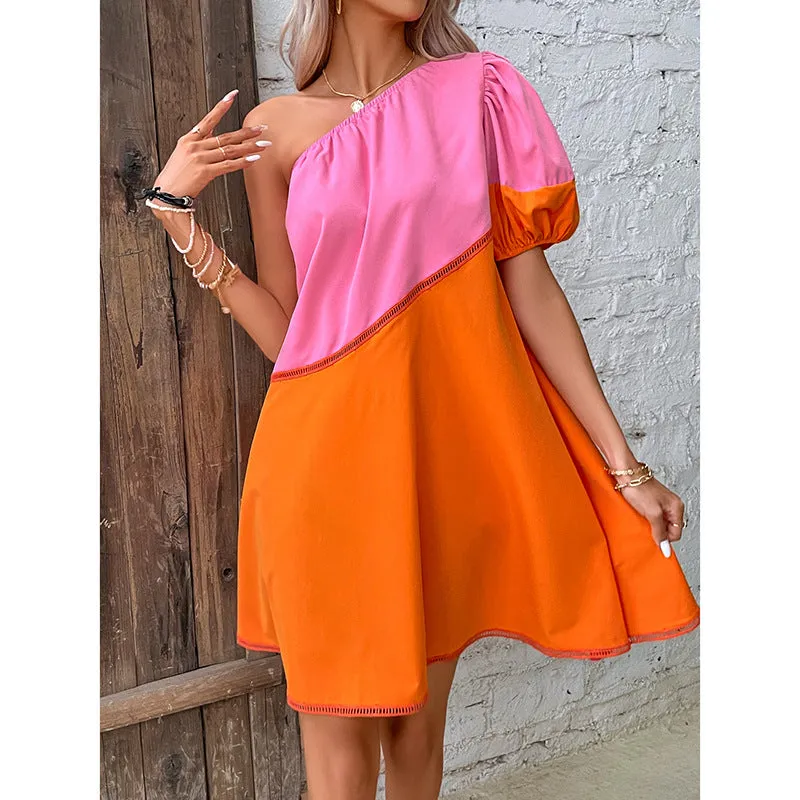 Color Matching Loose Shoulder Puff Sleeve Dress Wholesale Dresses