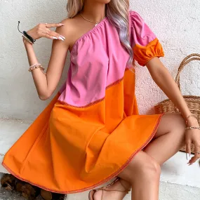 Color Matching Loose Shoulder Puff Sleeve Dress Wholesale Dresses