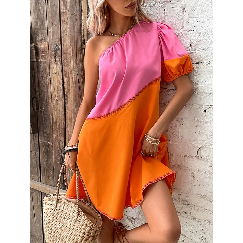 Color Matching Loose Shoulder Puff Sleeve Dress Wholesale Dresses