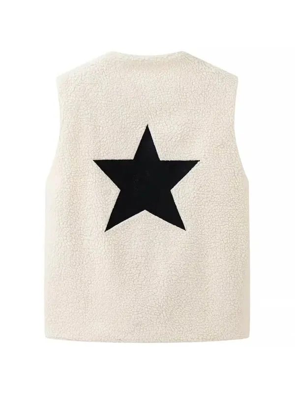 Cream Fleece Vest with Star Detail for Effortless Layering