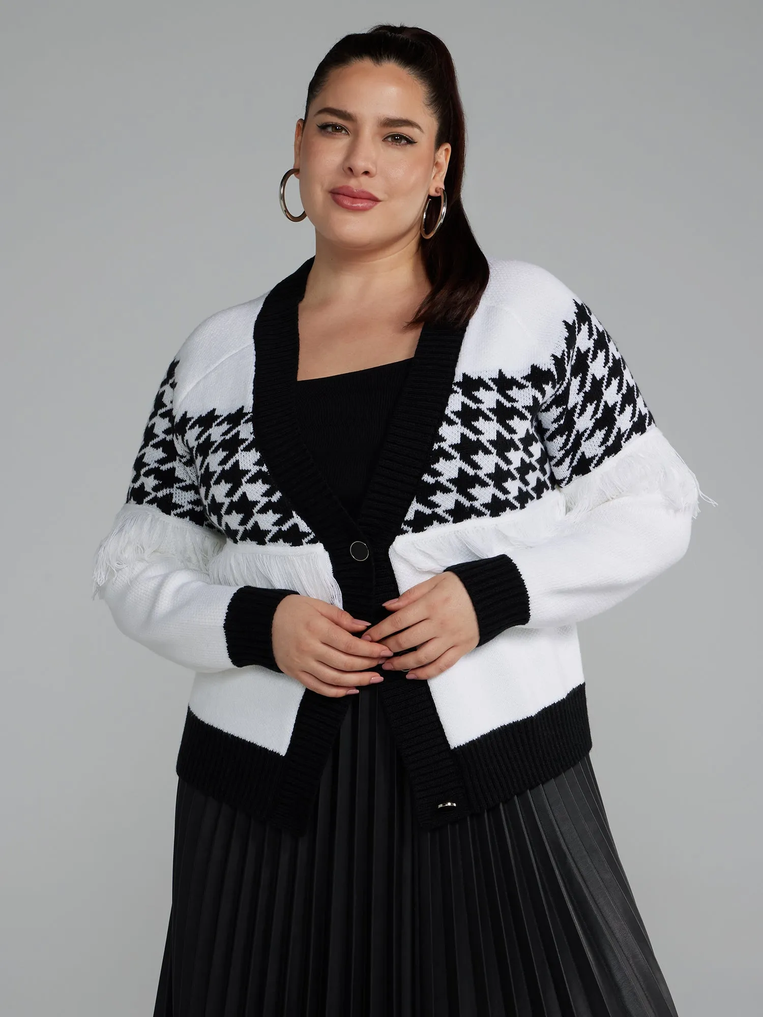 Fashion To Figure - Houndstooth Fringe Detail Cardigan