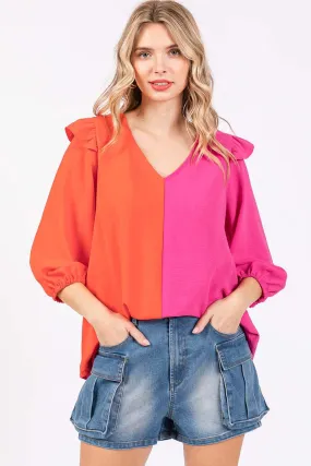 Full Size Ruffle Trim Contrast Blouse