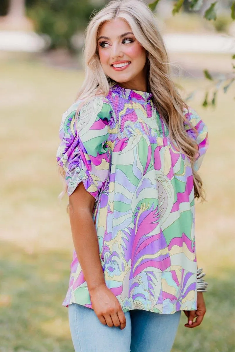 Green Abstract Bubble Sleeve Blouse