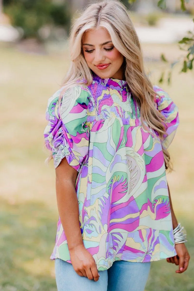 Green Abstract Bubble Sleeve Blouse