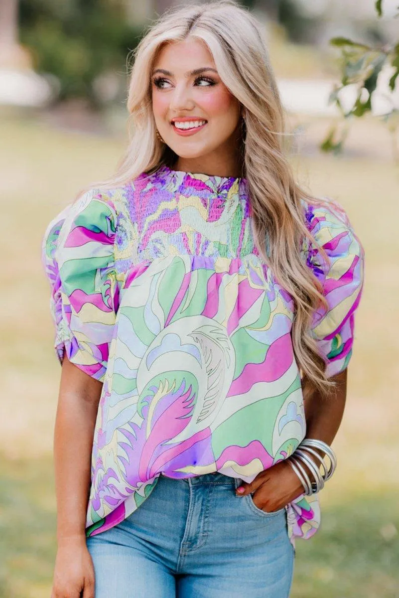 Green Abstract Bubble Sleeve Blouse