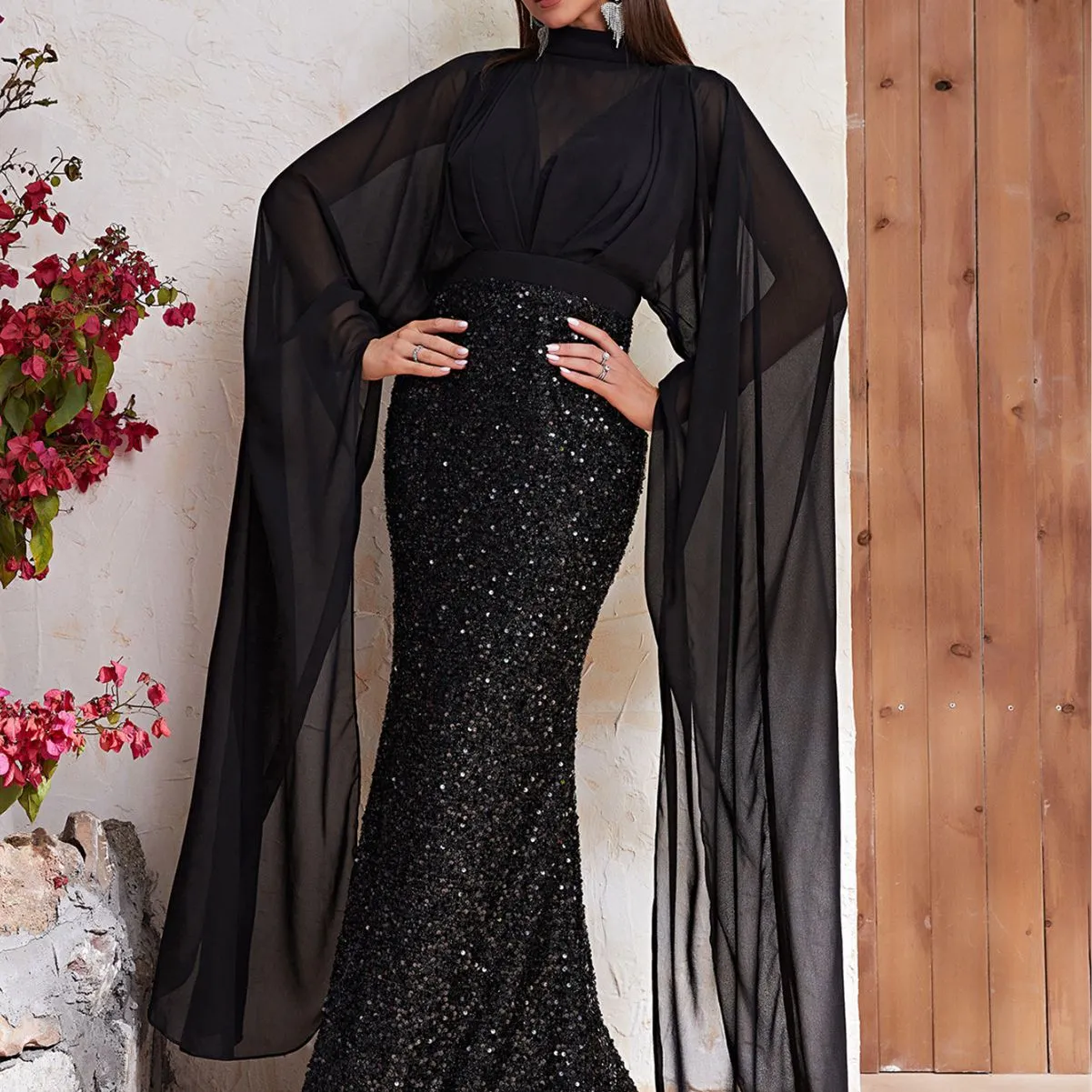 High Neck Mesh Sequin Prom Evening Dress Mermaid Maxi Dresses Wholesale Womens Clothing N3823110400012