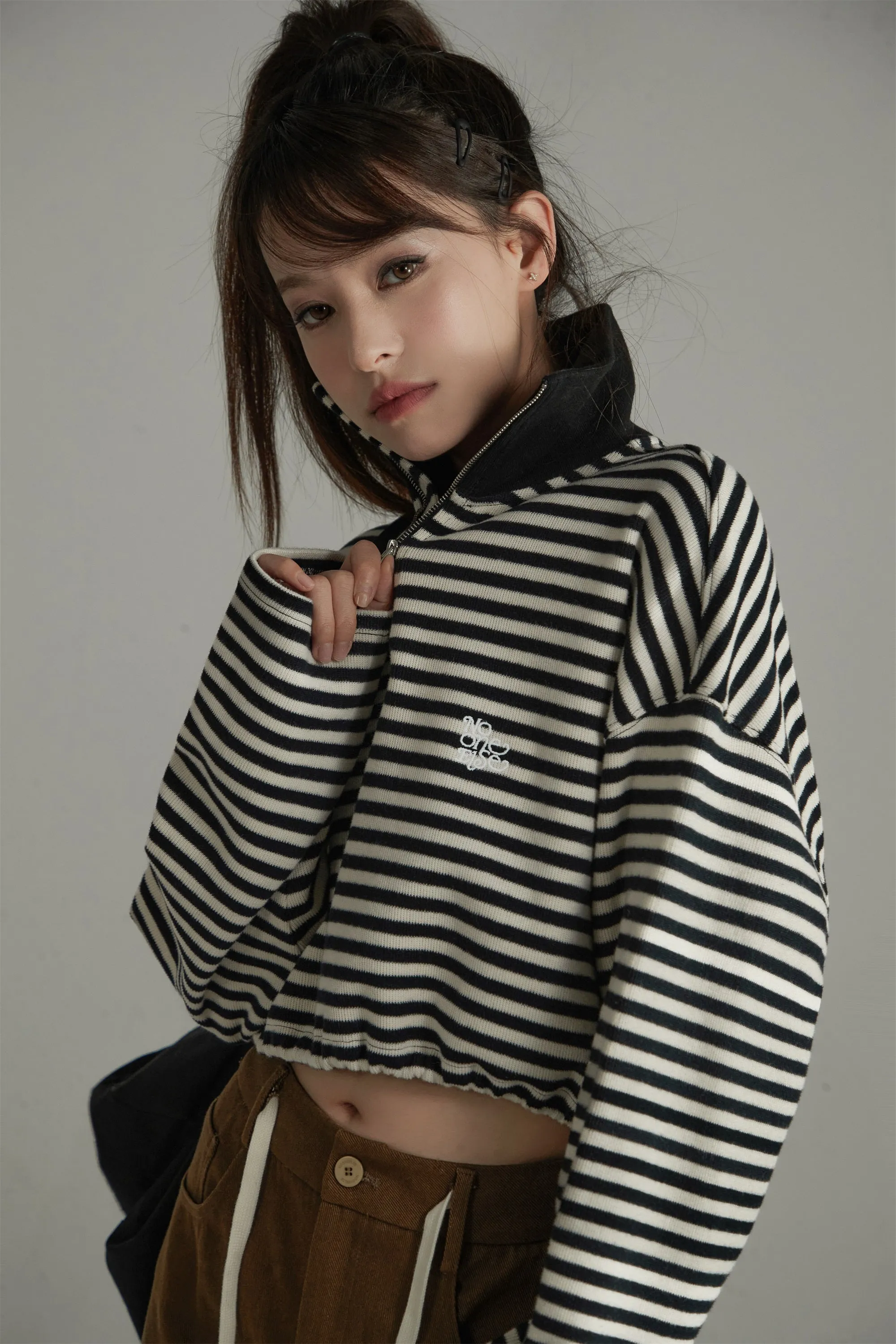 High Neck Stripe Zip-Up Crop Sweatshirt