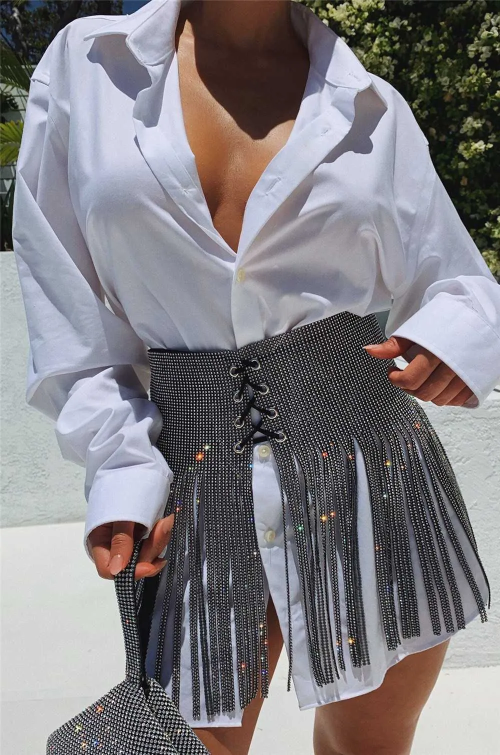 Hippie Sparkle Studded High Waisted Lace Up Tassel Fringe Skirt