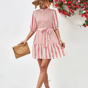 Lantern Sleeve Stand Collar Half Sleeve Striped Dress Wholesale Dresses