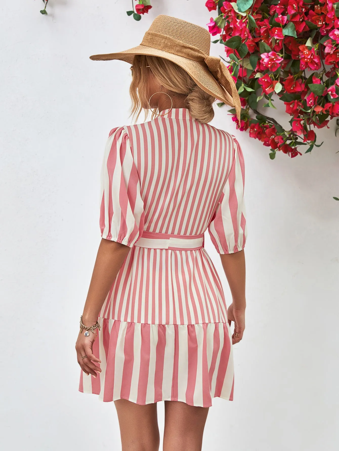 Lantern Sleeve Stand Collar Half Sleeve Striped Dress Wholesale Dresses