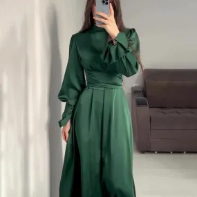 Long Sleeve Belted Puff Sleeve Green Dress Wholesale Womens Clothing N3823122100016