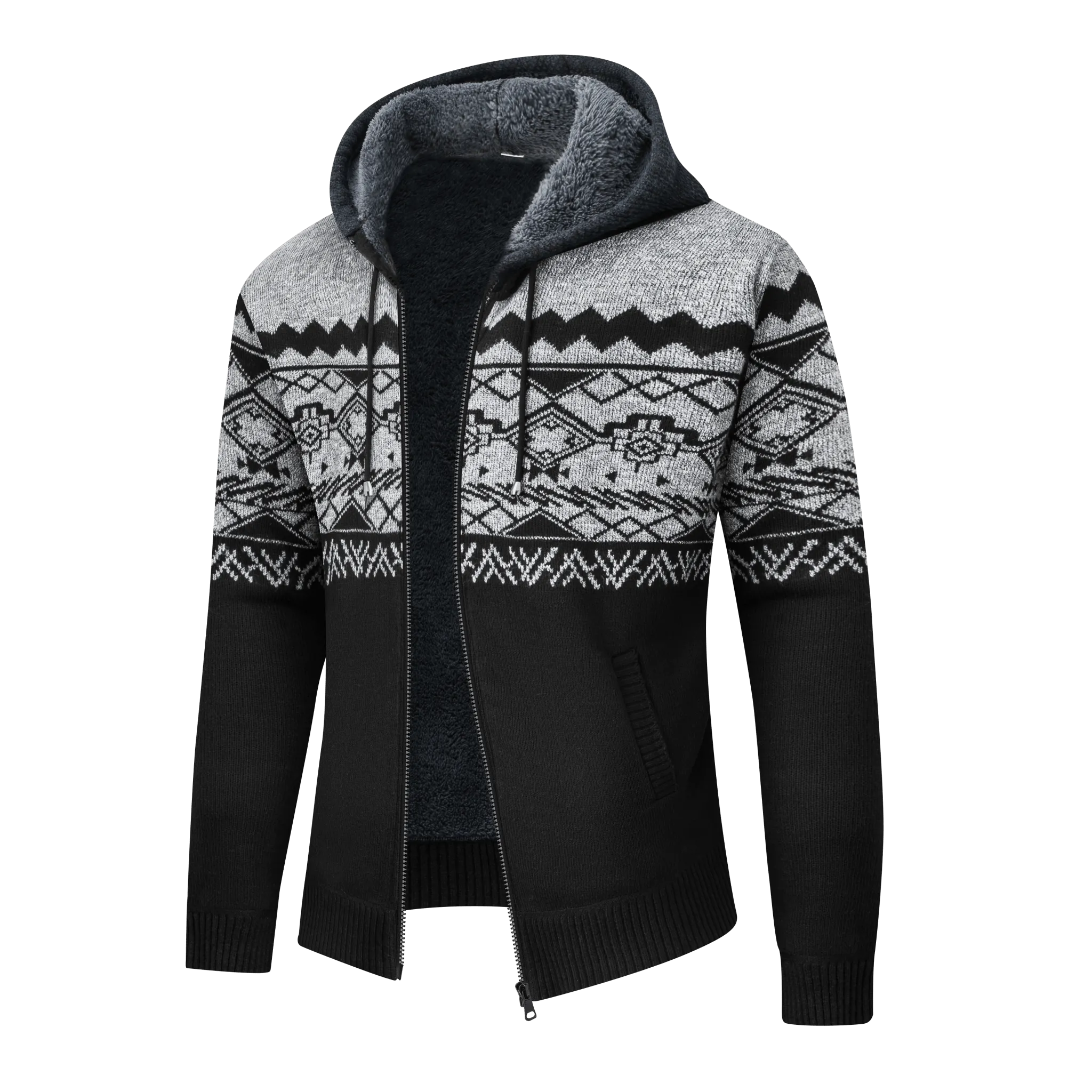 Men's Black Zip Up Knitted Fleece Hoodie-ZPK005865