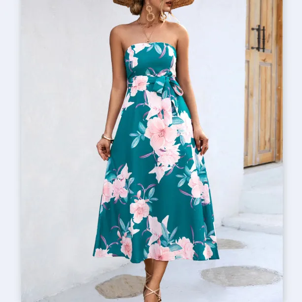 Off-Shoulder Printed Slim Fit Elegant A-Line Dress Wholesale Dresses