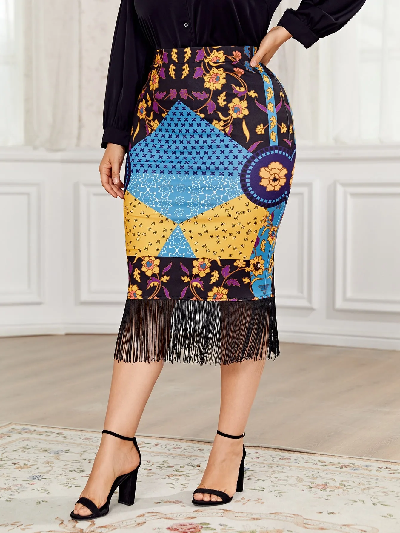 Patchwork Fringe Midi Plus Size Skirt