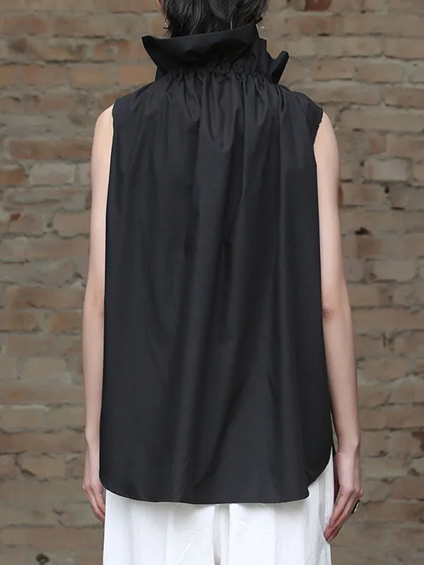 Pleated Solid Color Sleeveless Statement Collar Blouses&shirts Tops