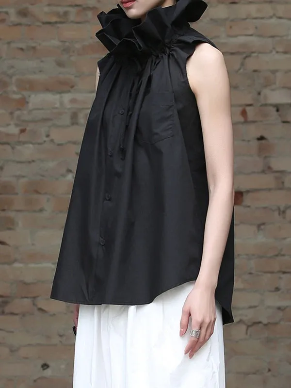 Pleated Solid Color Sleeveless Statement Collar Blouses&shirts Tops