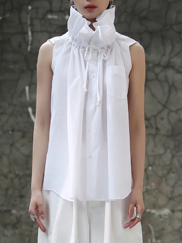 Pleated Solid Color Sleeveless Statement Collar Blouses&shirts Tops