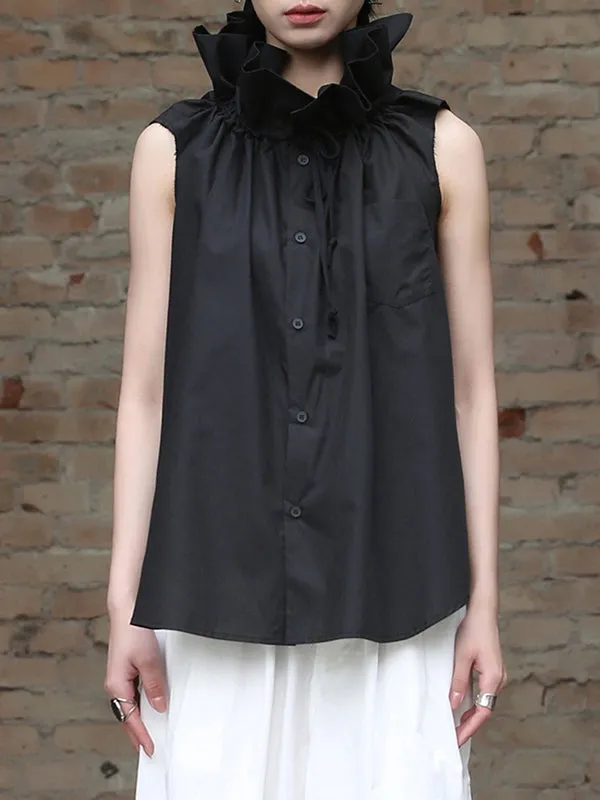 Pleated Solid Color Sleeveless Statement Collar Blouses&shirts Tops