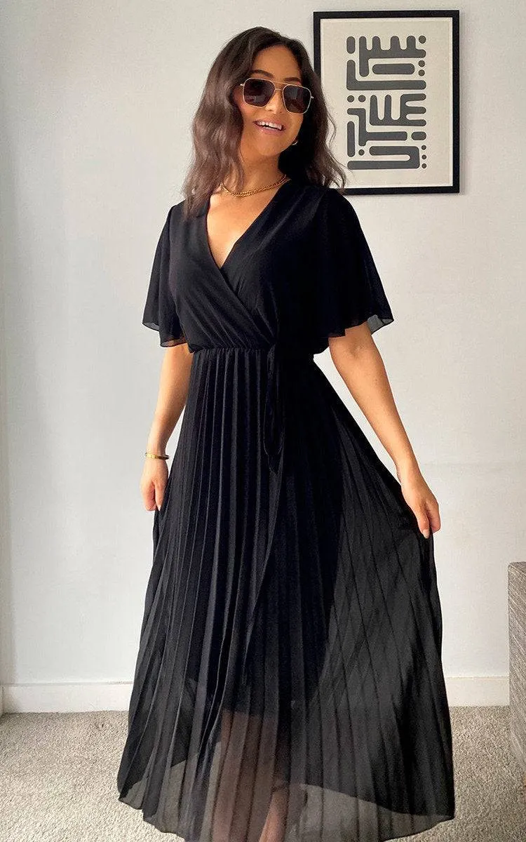 Pleated Wrap Front  Maxi Dress