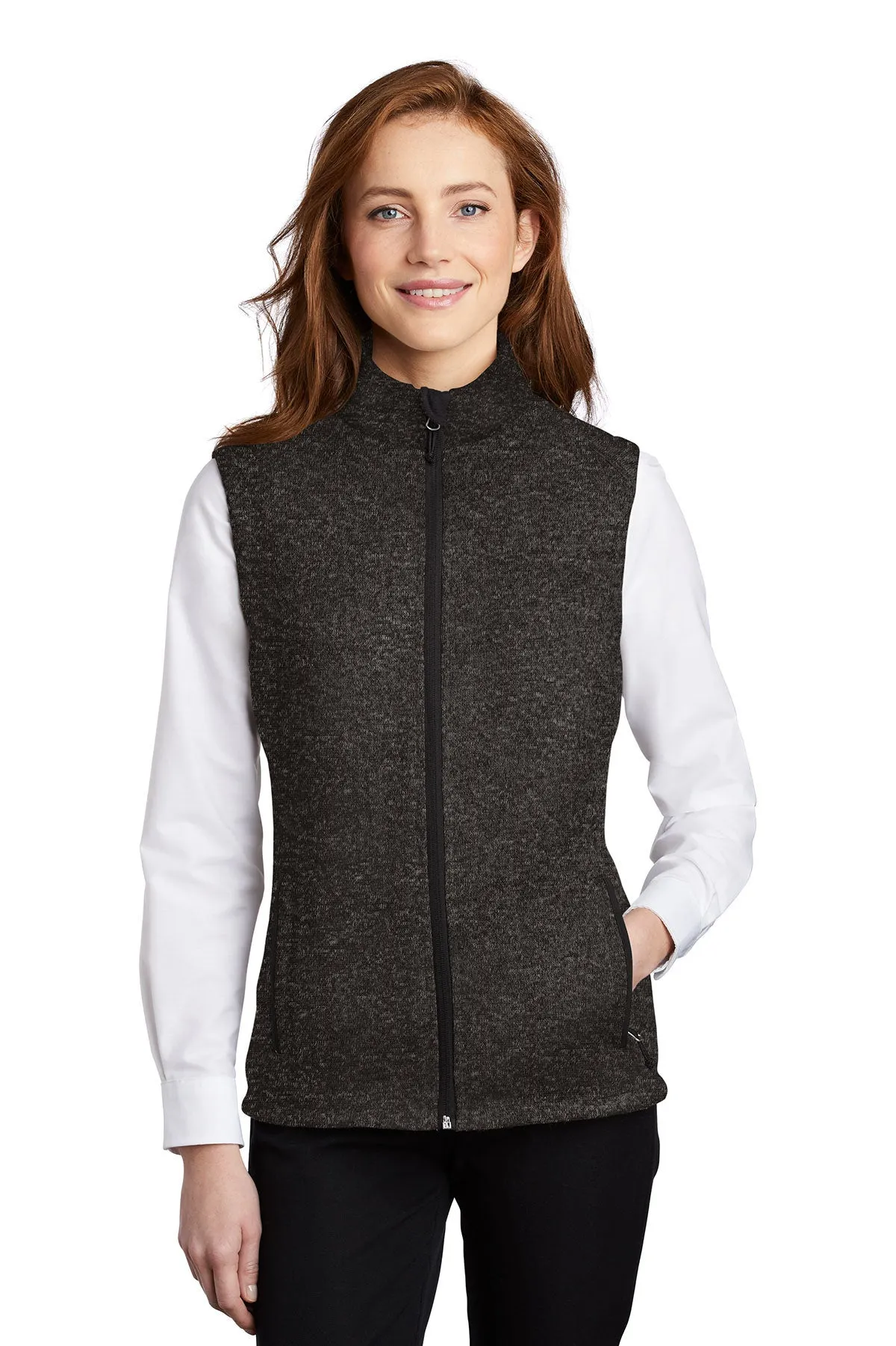 Port Authority Ladies Sweater Fleece Customized Vests, Black Heather