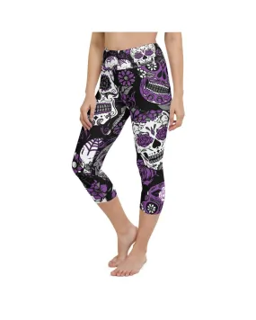 Purple Sugar Skull Yoga Capris