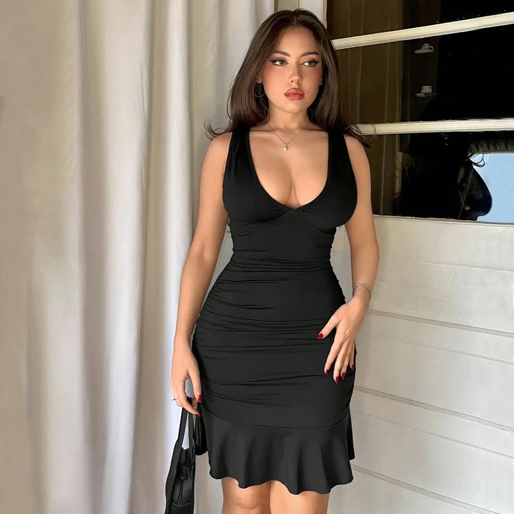 Sexy Large U-Neck Pleated Waist Hip Dresses Wholesale Womens Clothing N3824052000060