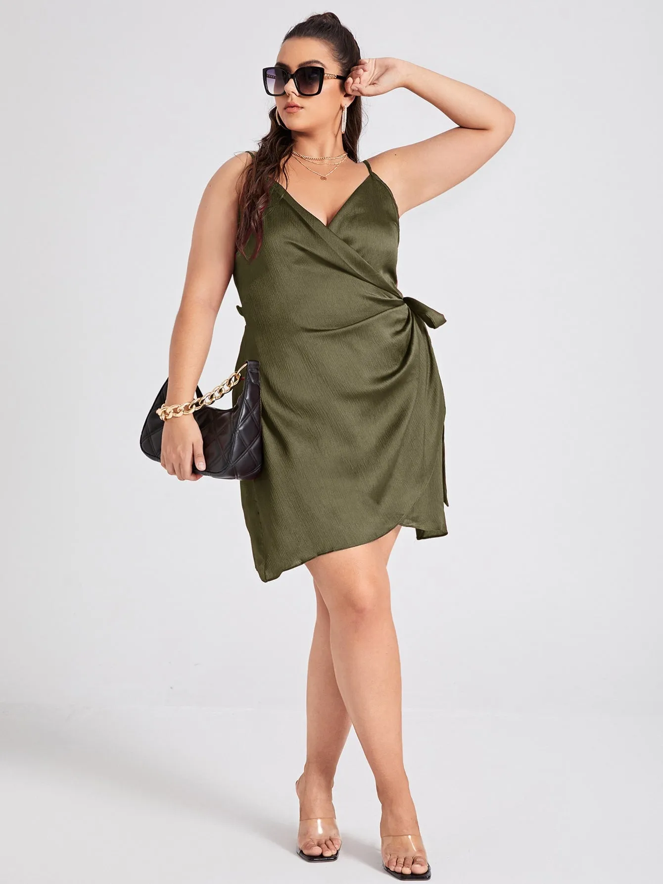 Sexy Plain Wrap Sleeveless Spaghetti Strap Wrap Natural Short Plus Size Dress