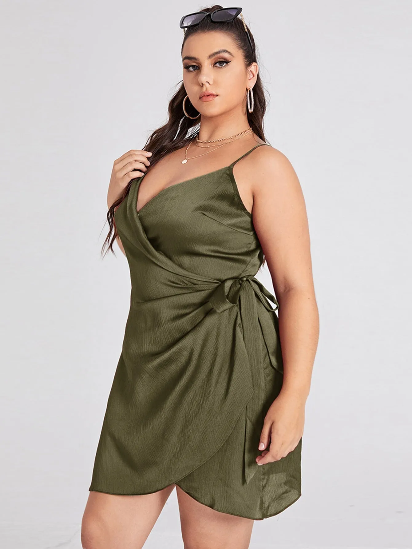 Sexy Plain Wrap Sleeveless Spaghetti Strap Wrap Natural Short Plus Size Dress