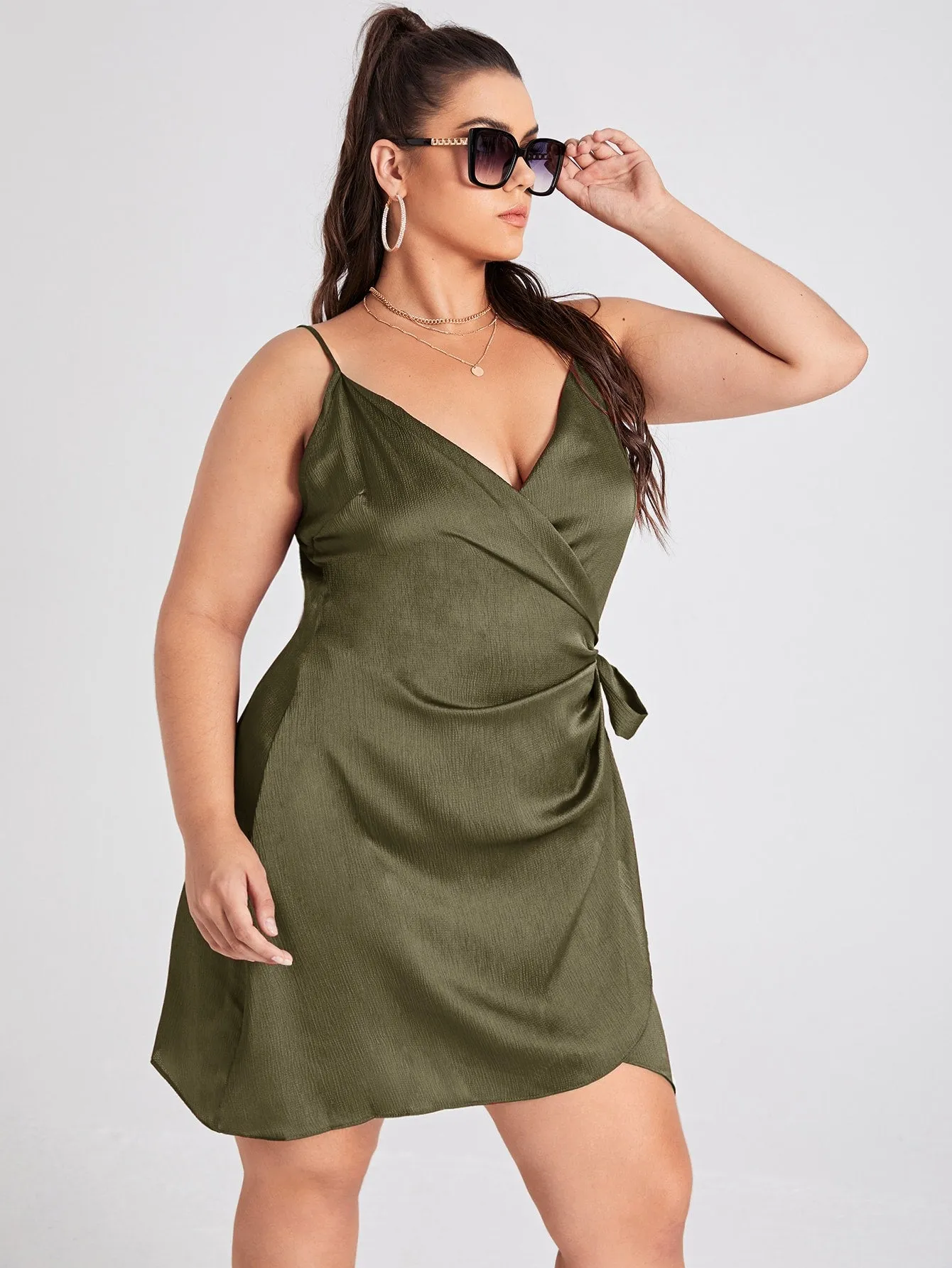 Sexy Plain Wrap Sleeveless Spaghetti Strap Wrap Natural Short Plus Size Dress