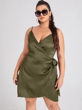 Sexy Plain Wrap Sleeveless Spaghetti Strap Wrap Natural Short Plus Size Dress