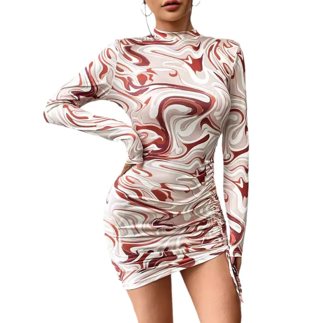 Slim Fit Abstract Print Sexy Drawstring Adjustable Hip Long Sleeve Dresses Wholesale Womens Clothing N3824091000090