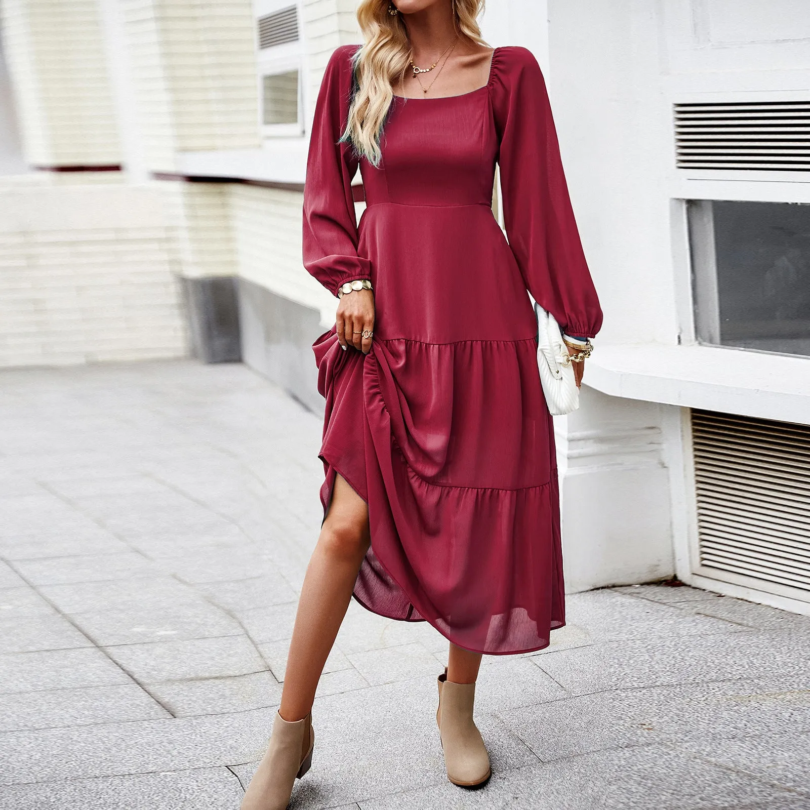 Solid Color Square Neck Temperament Elegant Dress Wholesale Dresses