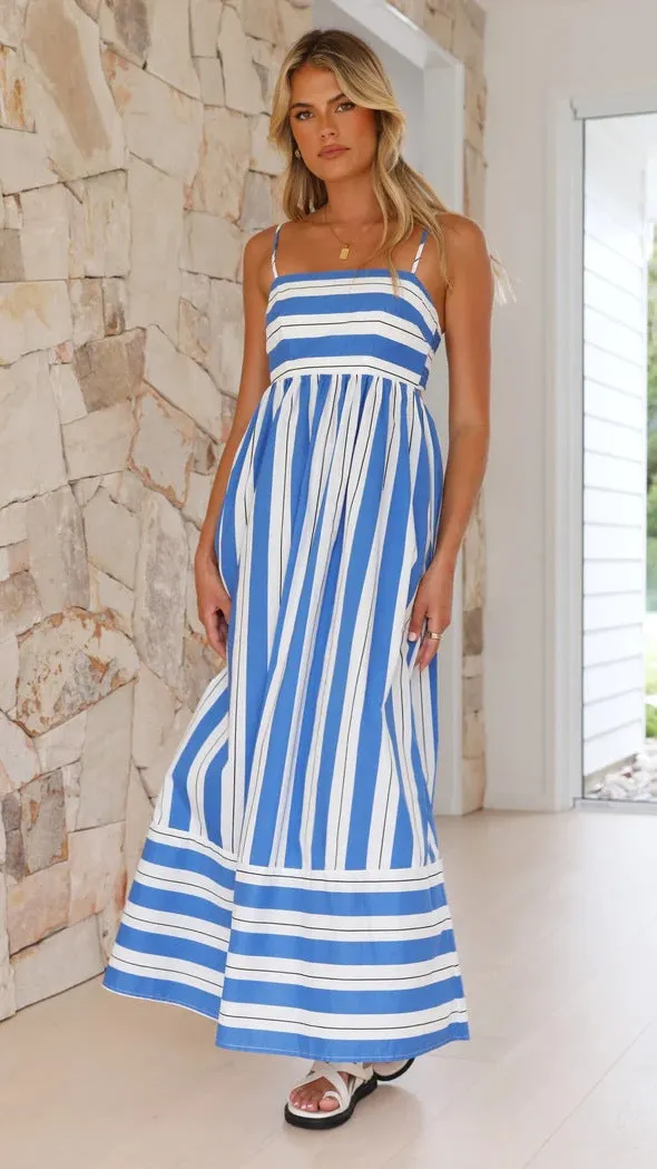 Striped Off-Shoulder Backless Hem Maxi Dresses Wholesale Womens Clothing N3824082900027