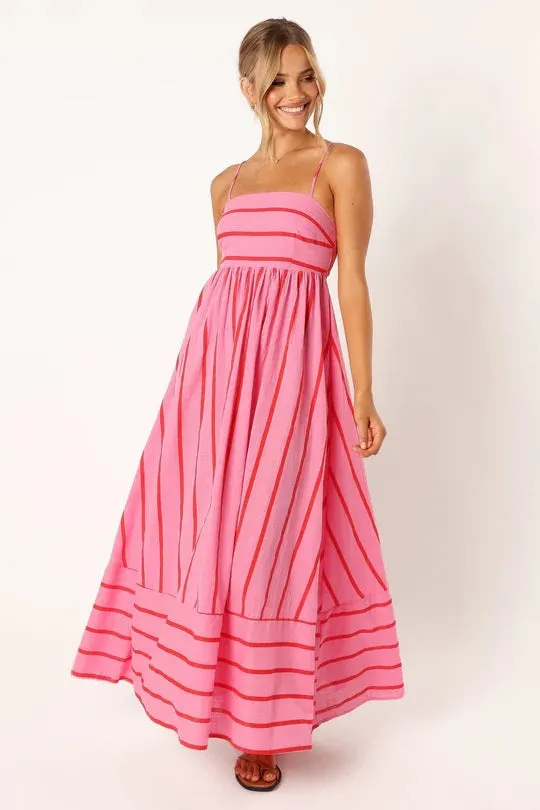 Striped Off-Shoulder Backless Hem Maxi Dresses Wholesale Womens Clothing N3824082900027