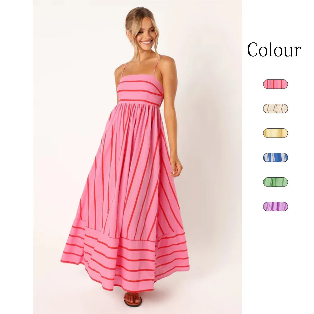 Striped Off-Shoulder Backless Hem Maxi Dresses Wholesale Womens Clothing N3824082900027