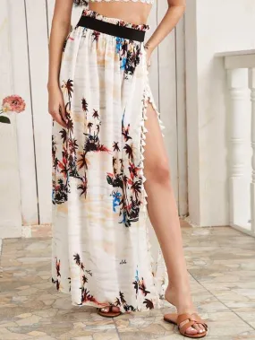 Tropical Print Fringe Trim Split Thigh Skirt