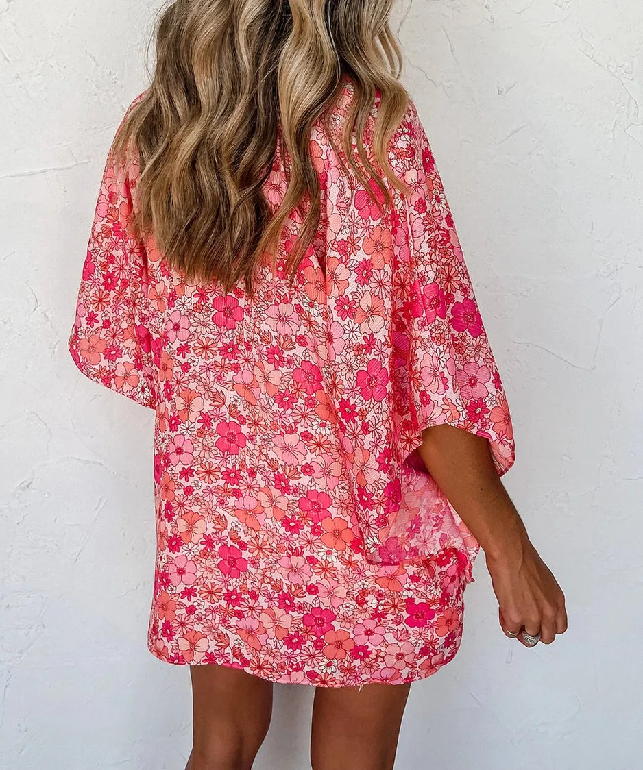 Whimsical Bloom V-Neck Kimono Blouse