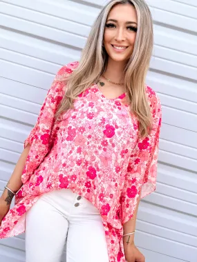 Whimsical Bloom V-Neck Kimono Blouse