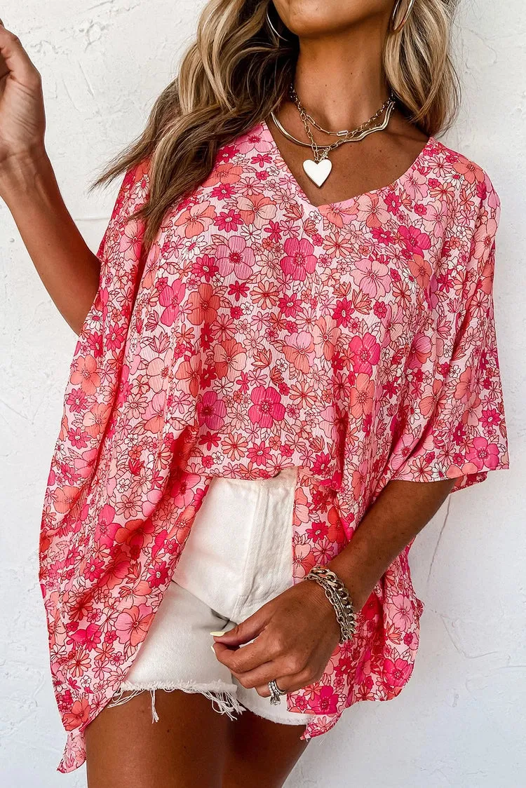 Whimsical Bloom V-Neck Kimono Blouse